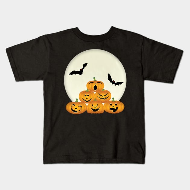 Halloween Pumpkins Bats On Moon Kids T-Shirt by Roly Poly Roundabout